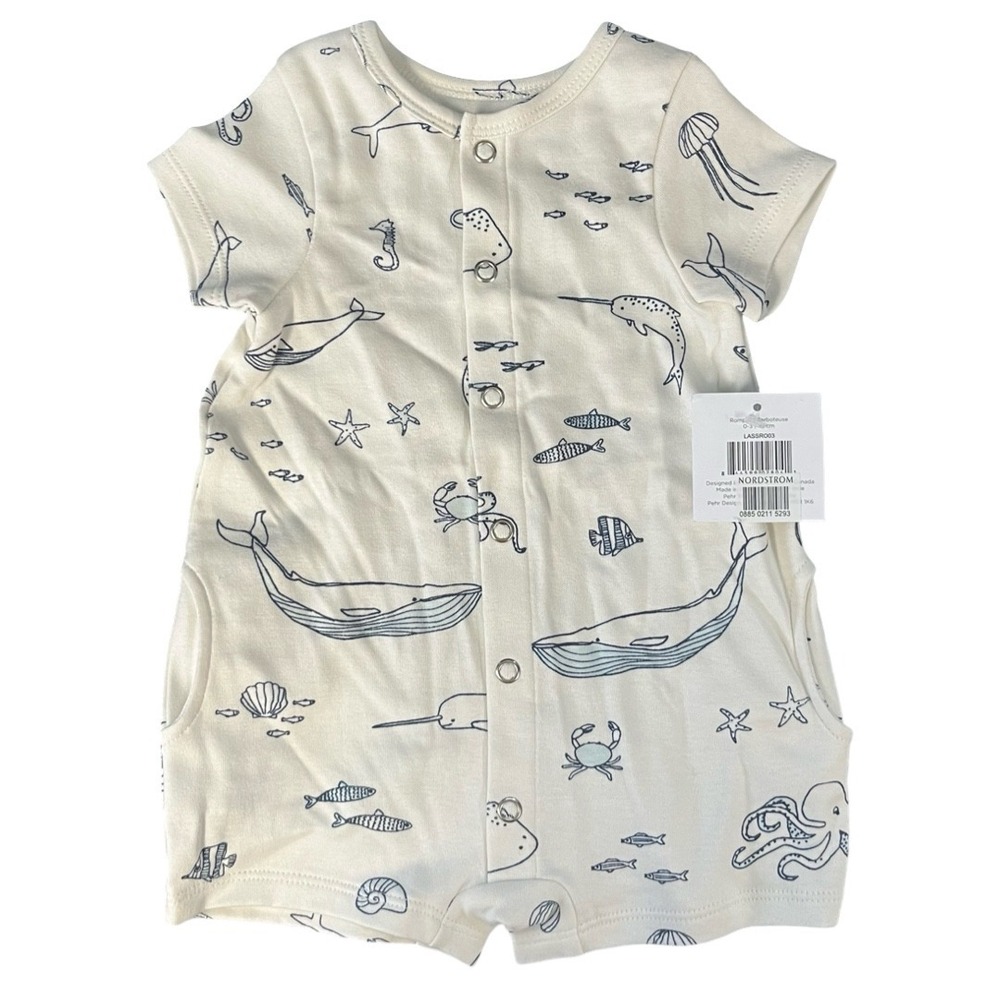 NWT Pehr Baby 0-3M Organic Cotton Sea Life Romper Cream Blue Whale Narwhal